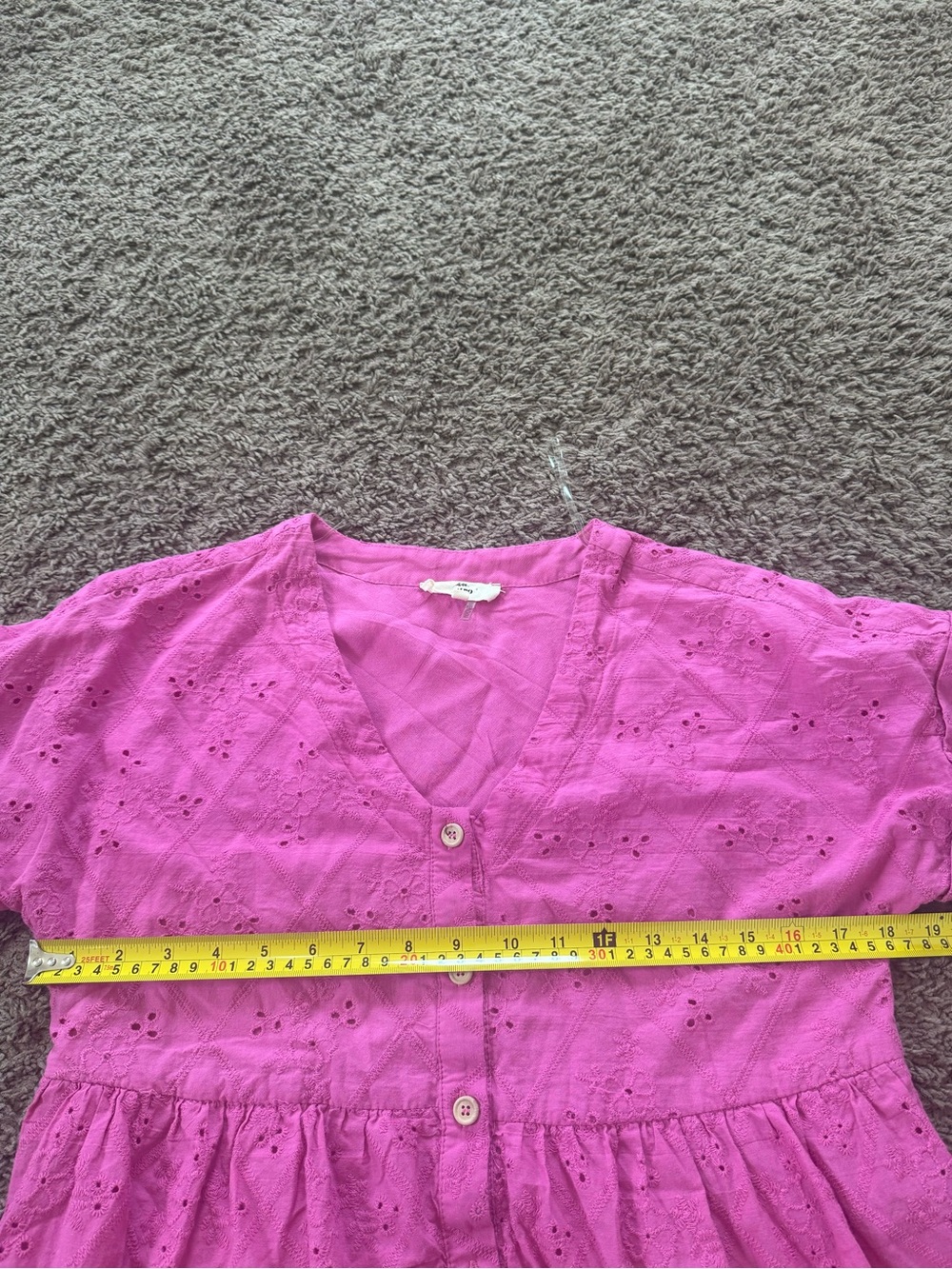 ENTRO Pink Eyelet Cotton Shirt Dress A Line Babydoll Short Sleeve S - Picture 10 of 10